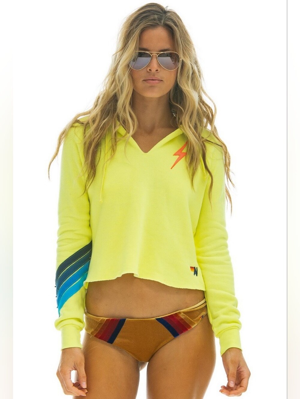 Aviator Nation Bolt Stitch Chevron Split Crop Hoodie Pullover Neon/Yellow XS